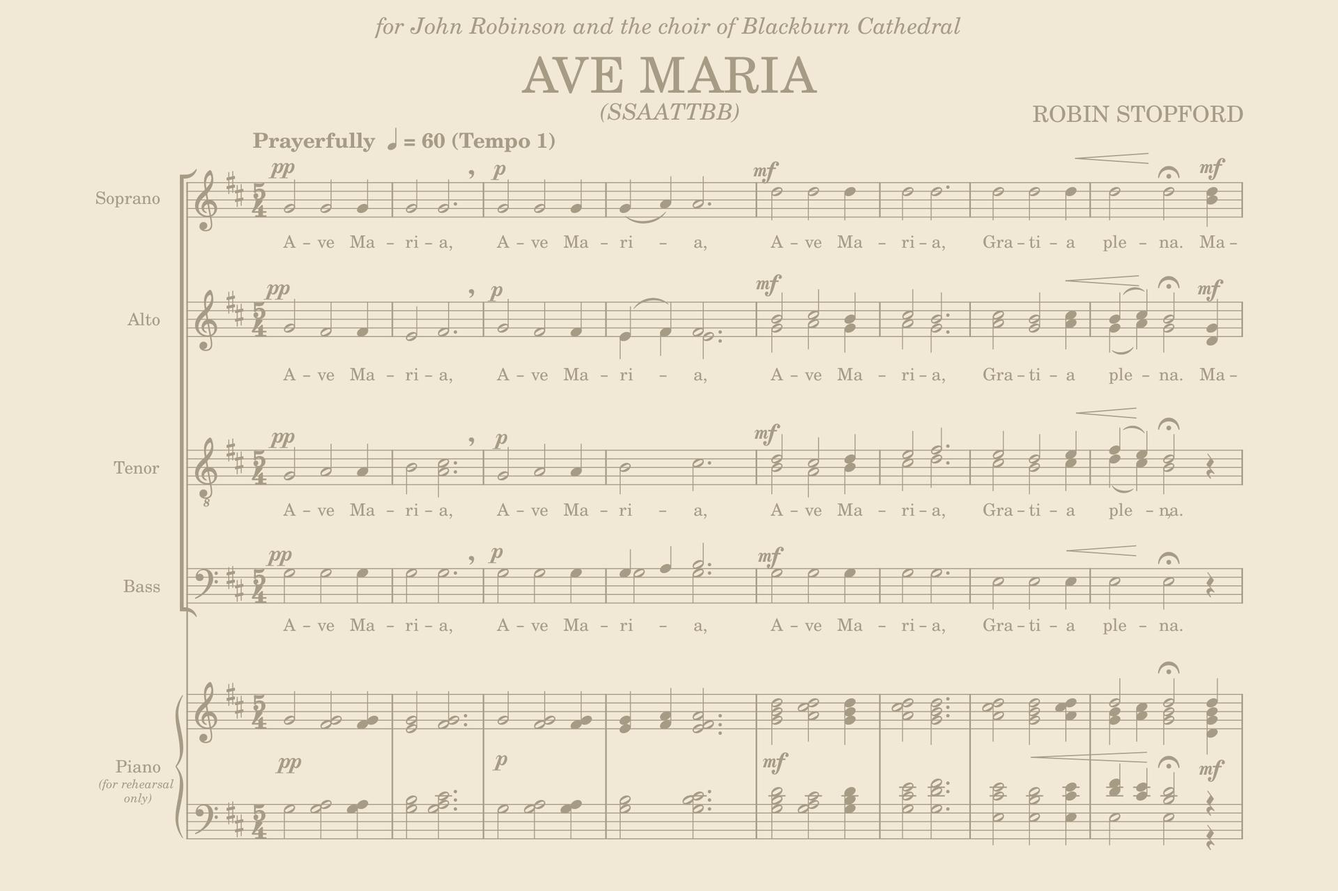The first page of Robin Stopford's Ave Maria for eight-part choir, marked Prayerfully