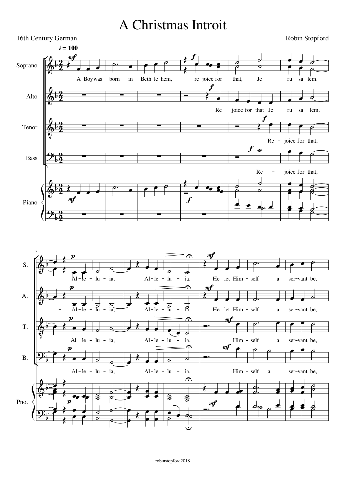 A Christmas Introit, page 1: words 16th-century German, A Boy was born in Bethlehem, for SATB with a piano reduction