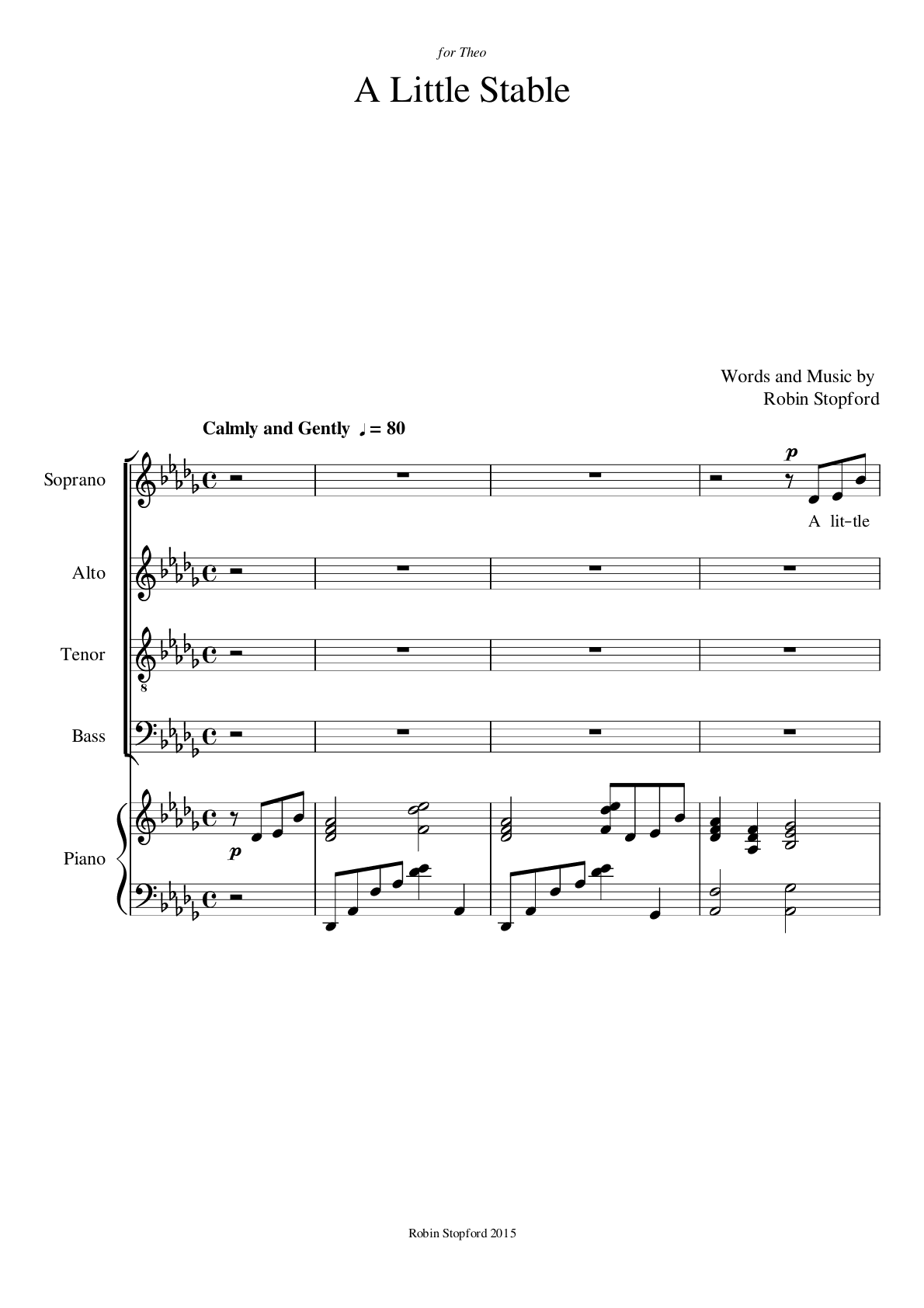 A Little Stable, page 1: words and music by Robin Stopford, marked Calmly and Gently, a short piano introduction before the sopranos enter
