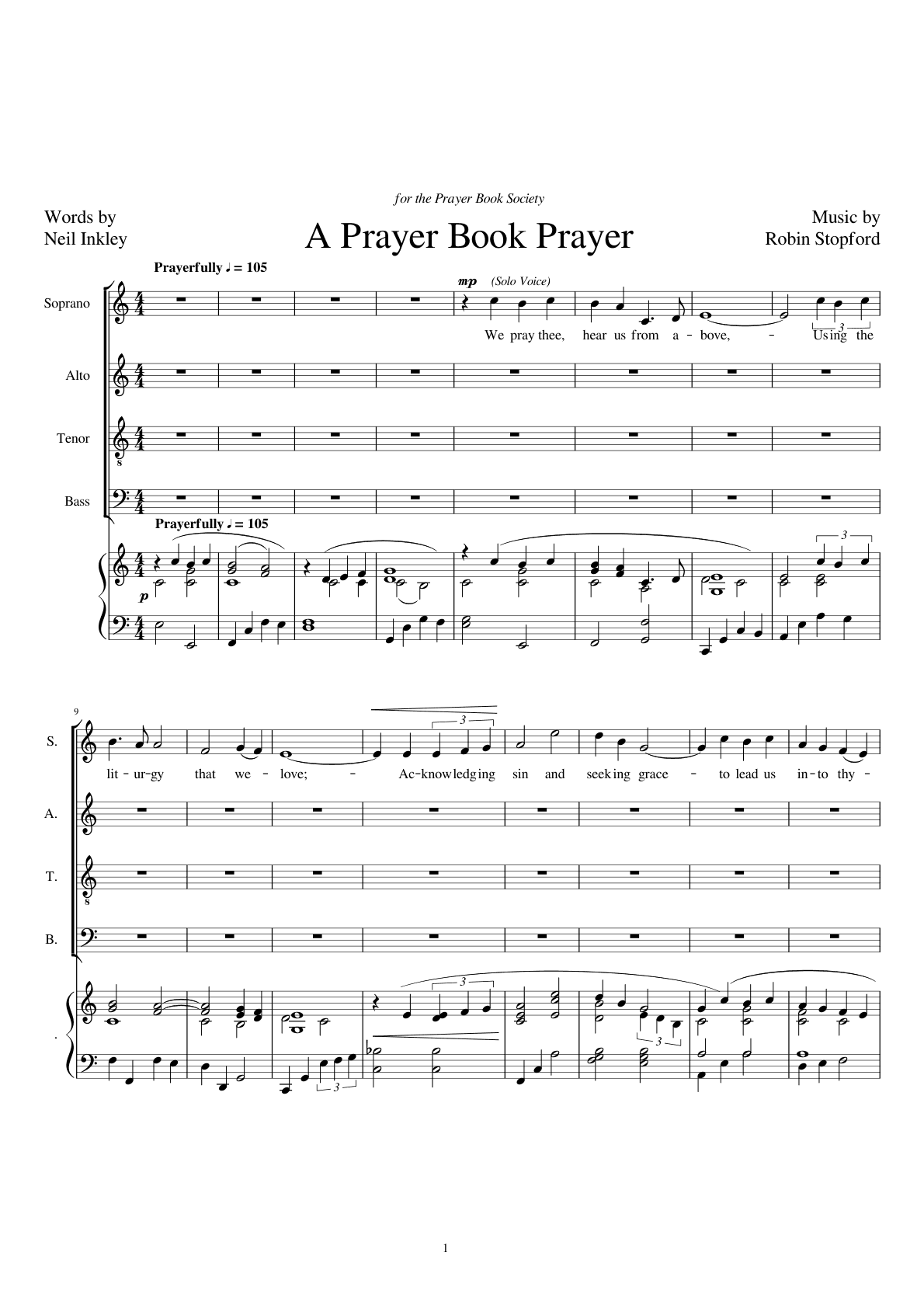 A Prayer Book Prayer, page 1: words by Neil Inkley, for the Prayer Book Society, marked Prayerfully, with a solo soprano over the organ
