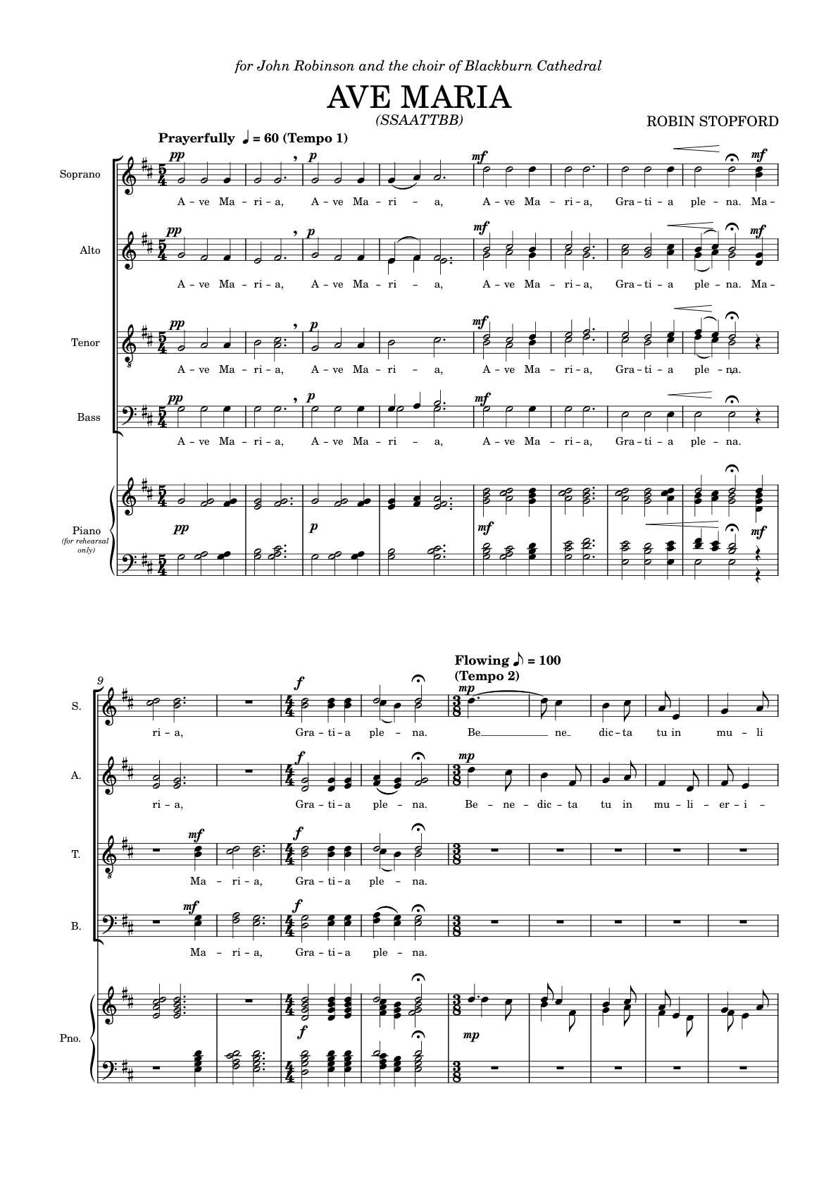 Page 1 of the score: the opening Ave Maria, marked Prayerfully, in 5/4
