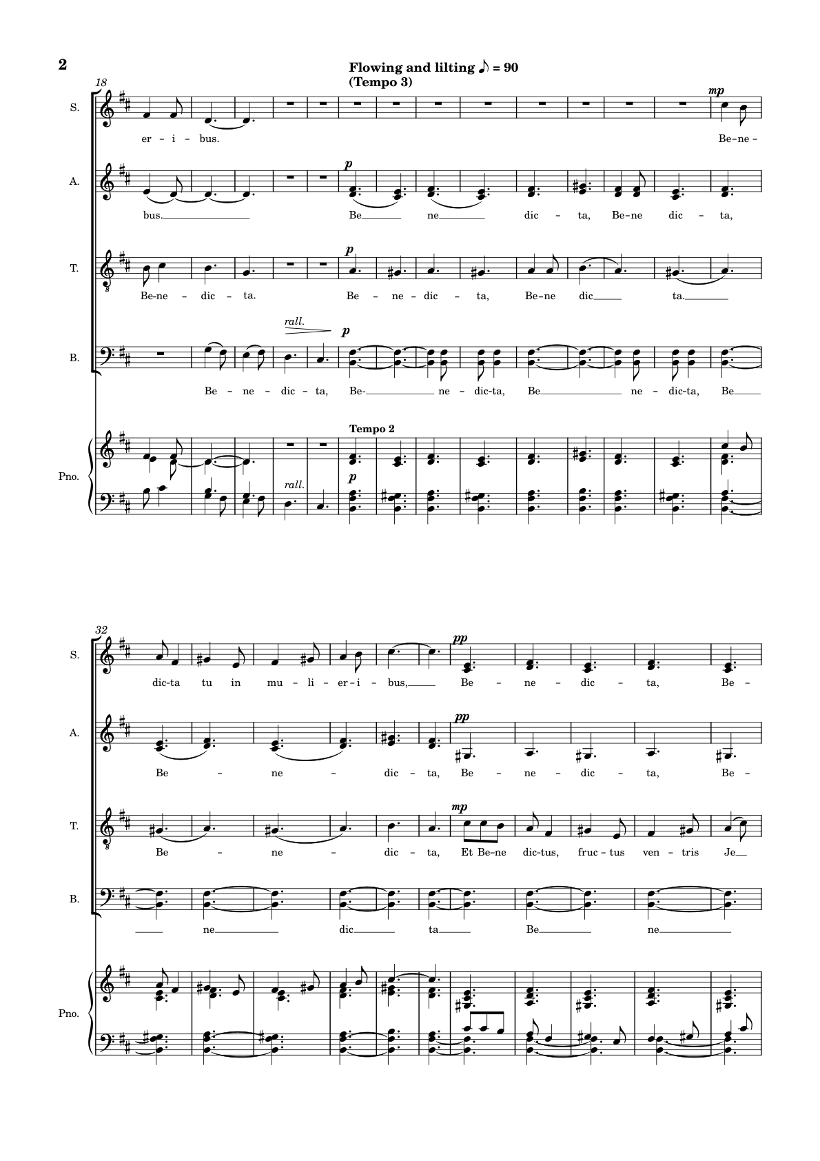 Page 2 of the score: Benedicta tu in mulieribus, marked Flowing and lilting