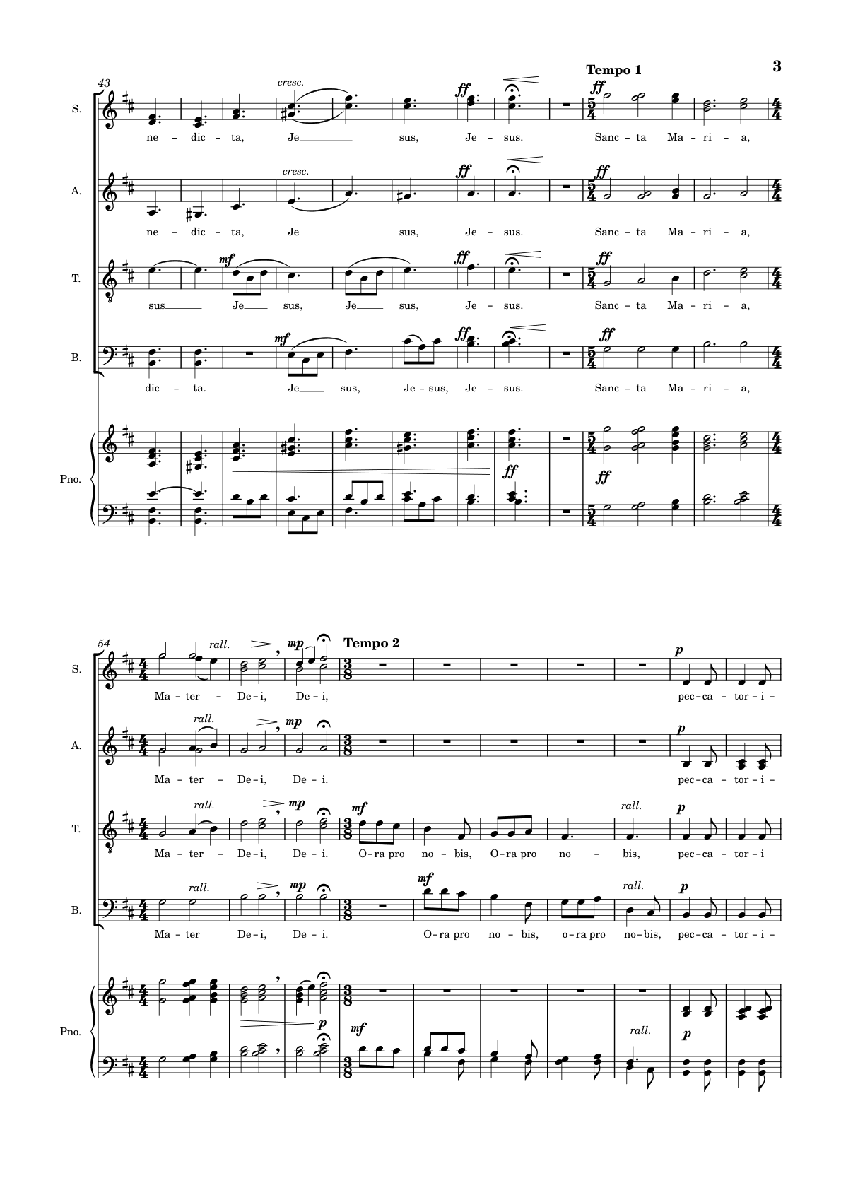 Page 3 of the score: Jesus and Sancta Maria, Mater Dei, at fortissimo