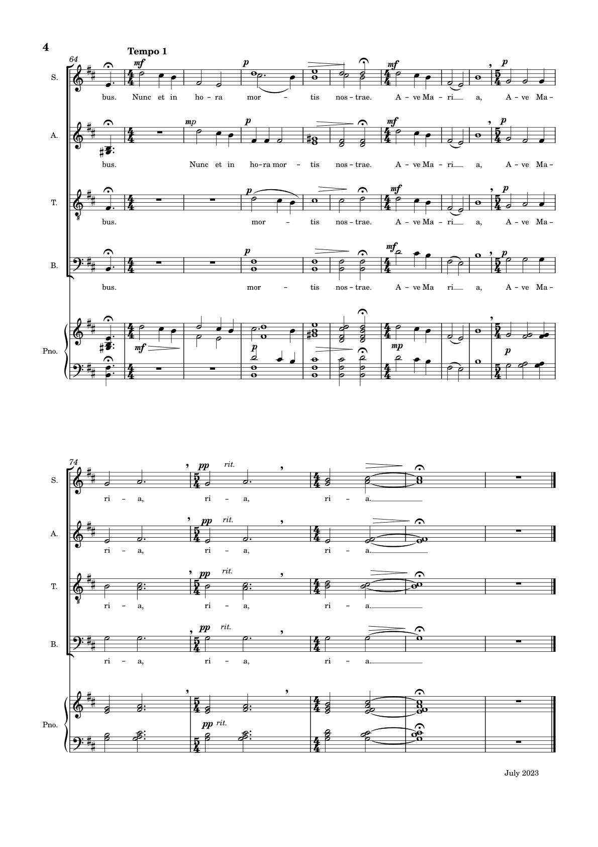 Page 4 of the score: Nunc et in hora mortis nostrae, and the closing Ave Maria