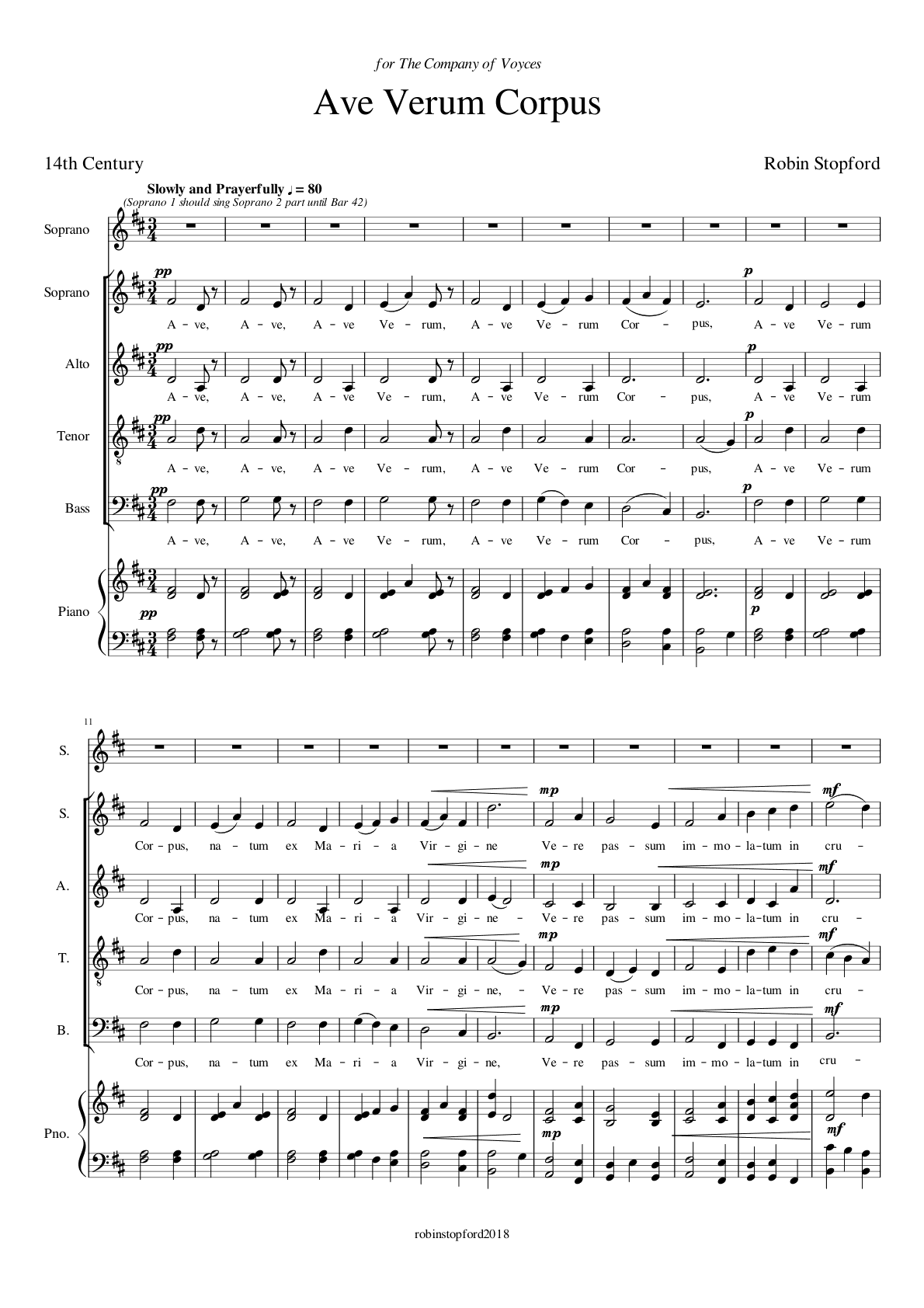 Ave Verum Corpus, page 1: marked Slowly and Prayerfully, the choir opening softly on the word Ave