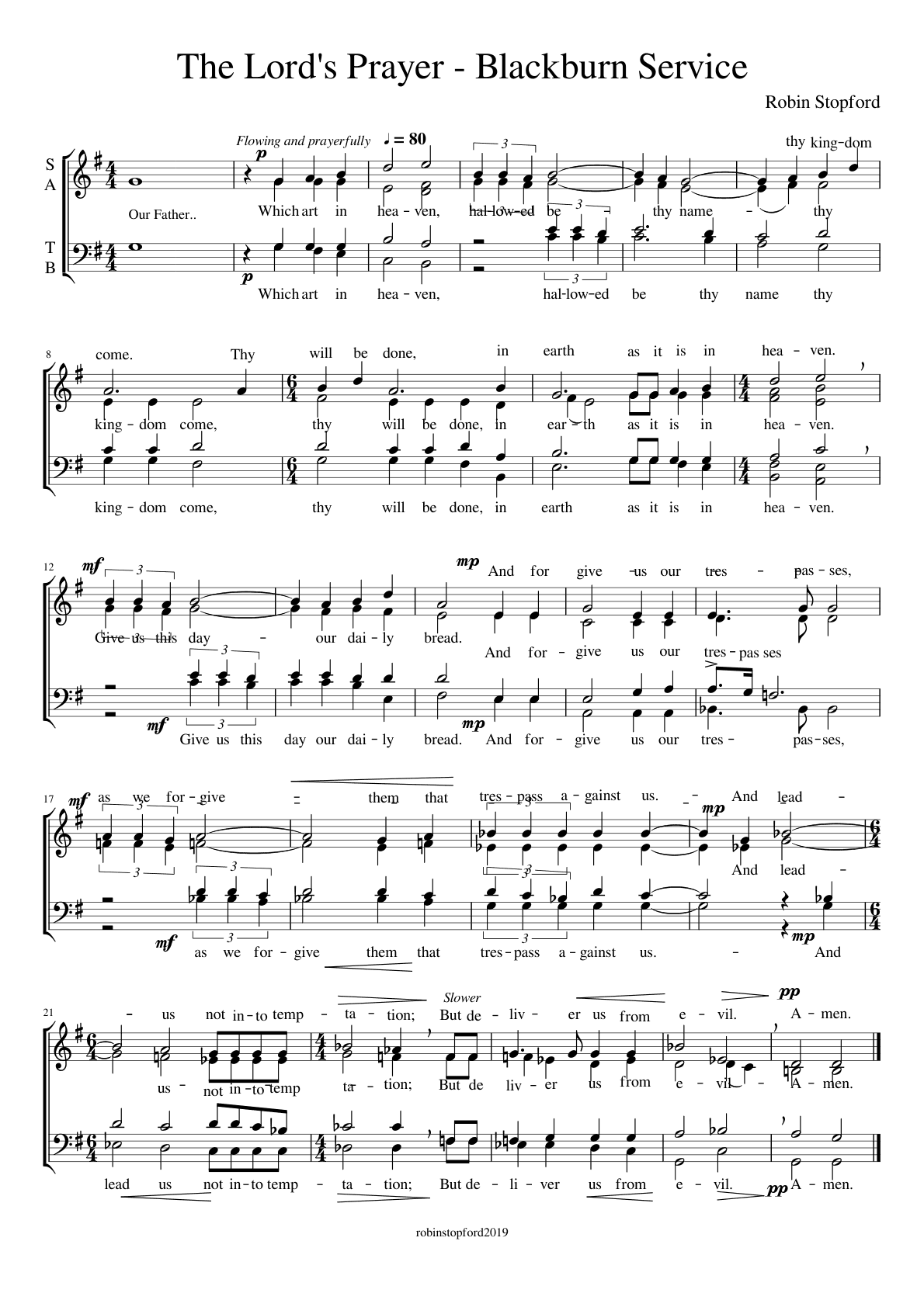 The Lord's Prayer, Blackburn Service, marked Flowing and prayerfully