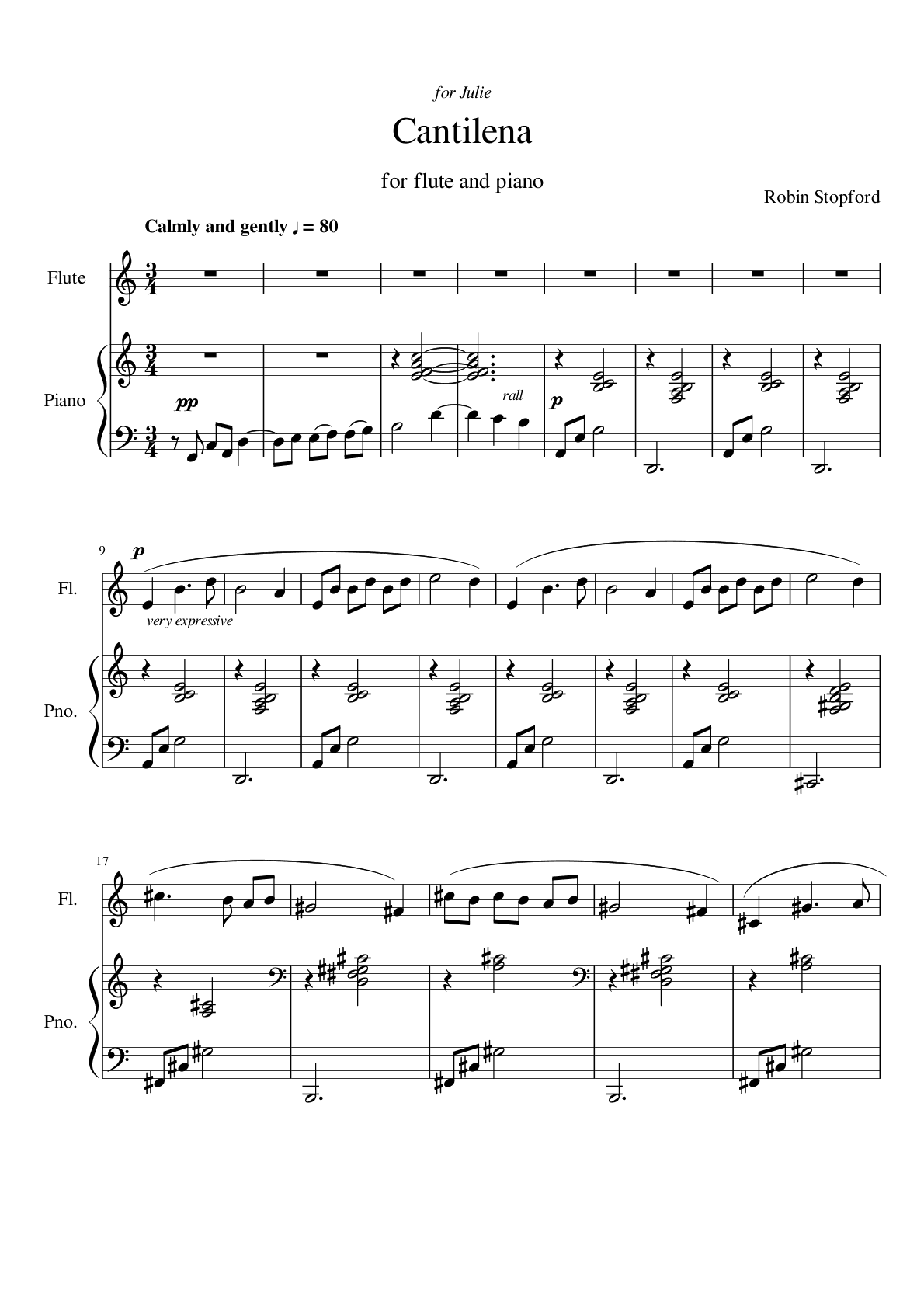 Cantilena, page 1: marked Calmly and gently, a quiet piano introduction before the flute enters, very expressive