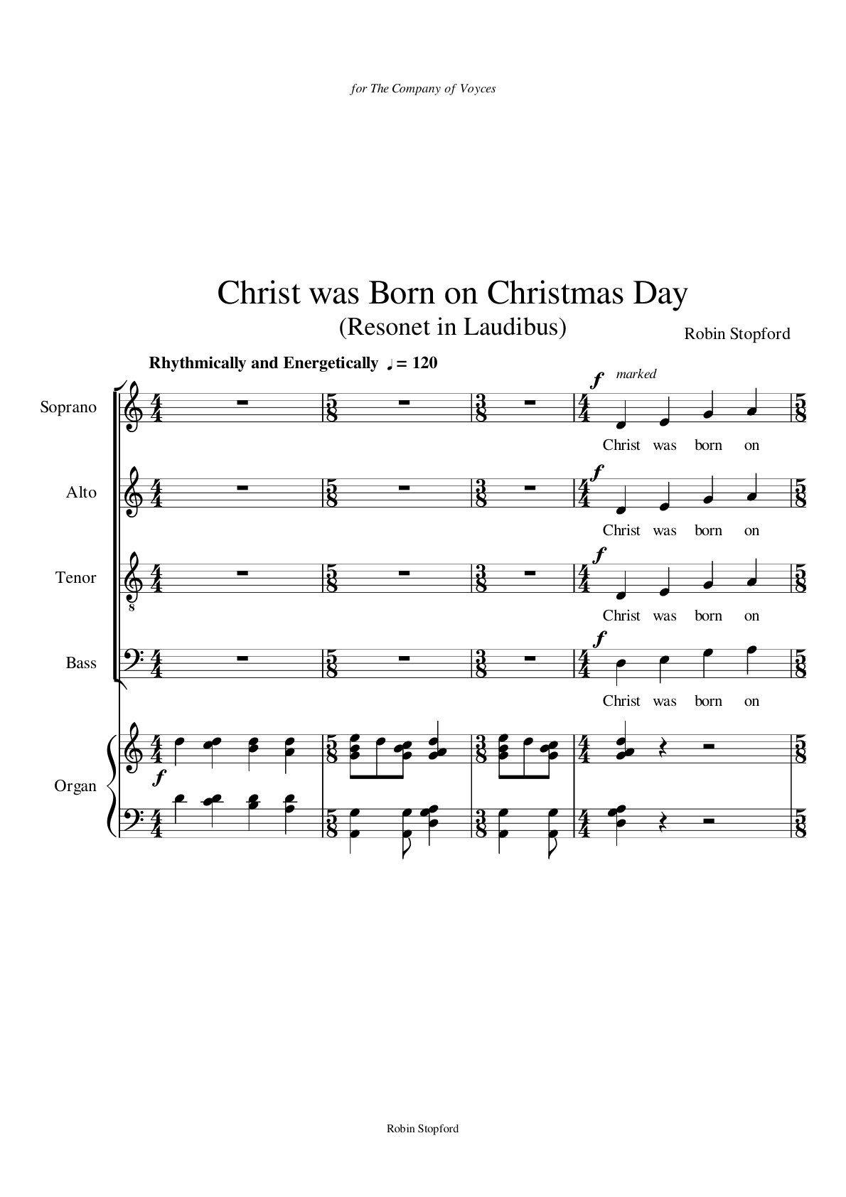 Christ was born on Christmas Day, page 1: marked Rhythmically and Energetically, a loud organ opening before all four voices enter together