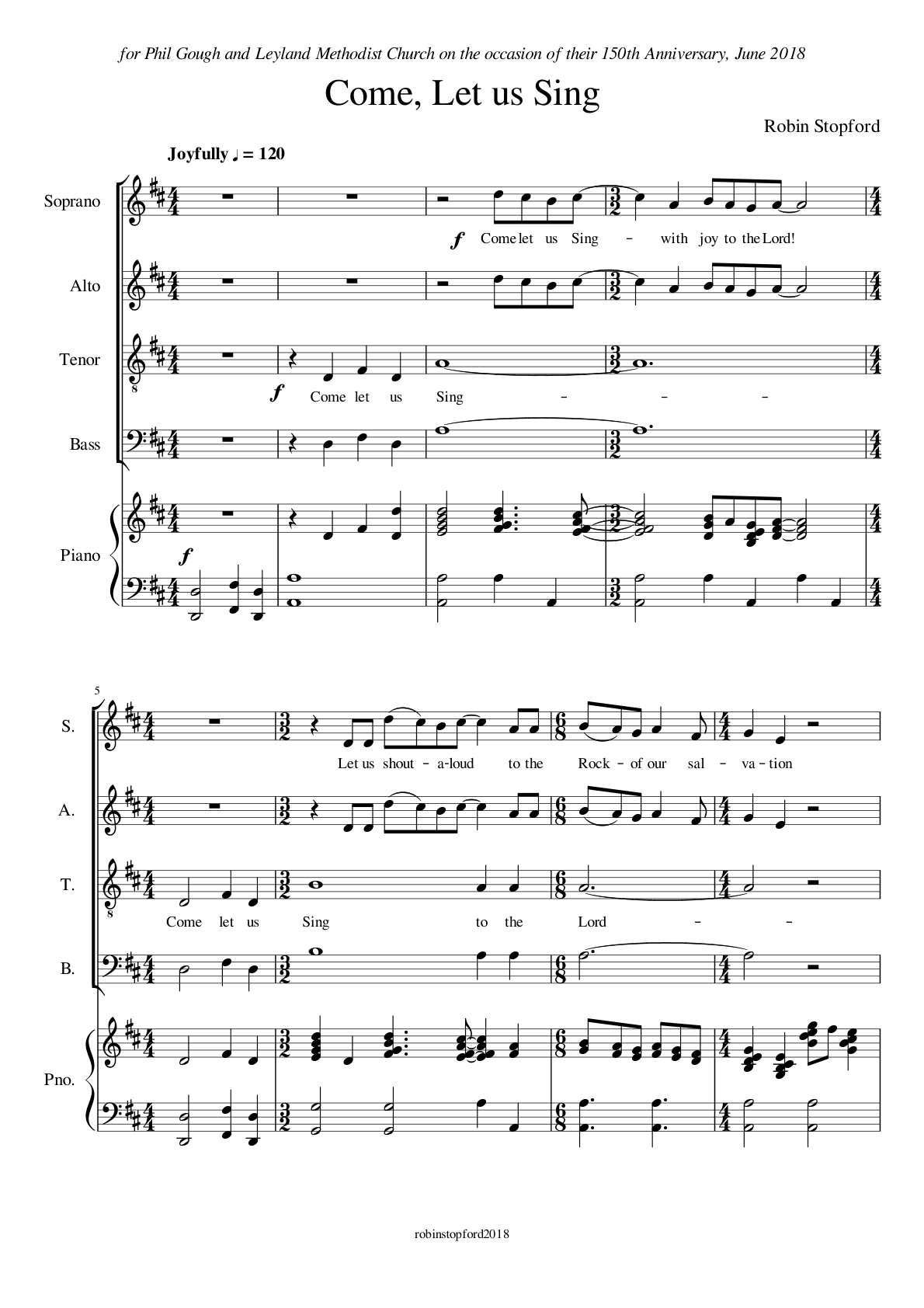 Come, Let us Sing, page 1: for Phil Gough and Leyland Methodist Church, marked Joyfully, for SATB and piano