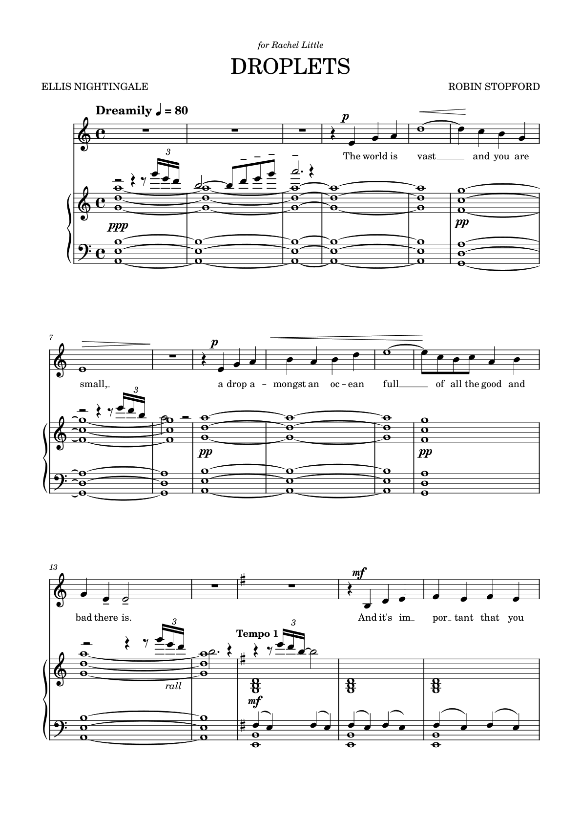 Droplets, page 1: words by Ellis Nightingale, marked Dreamily, held piano chords under the opening line The world is vast and you are small