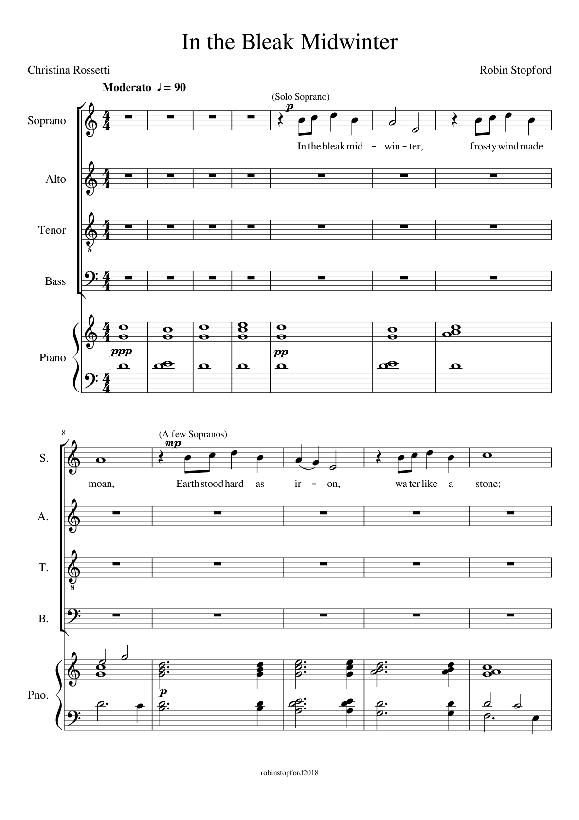 In the Bleak Midwinter, page 1: words by Christina Rossetti, marked Moderato, opening with a solo soprano over quiet piano chords