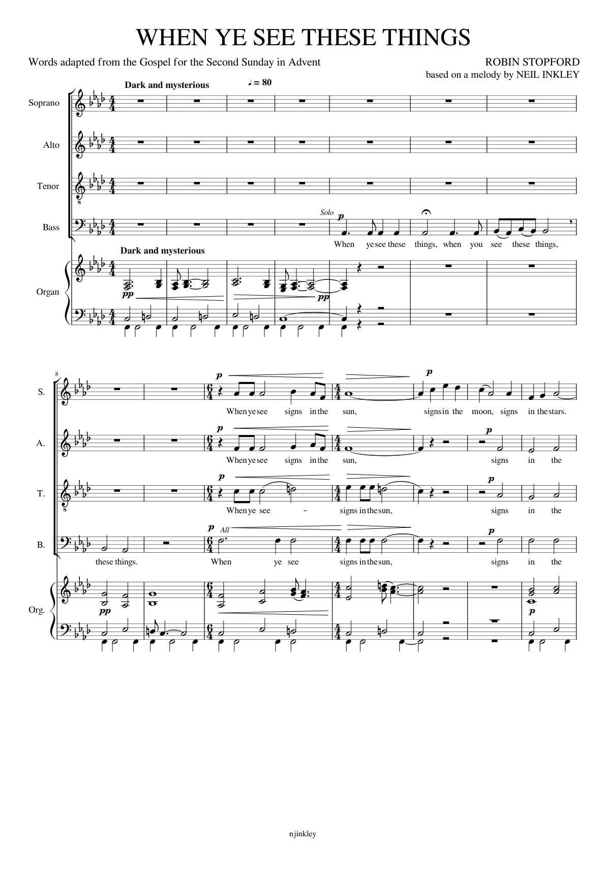 When Ye See These Things, page 1: marked Dark and mysterious, a quiet organ opening, then a solo bass sings When ye see these things